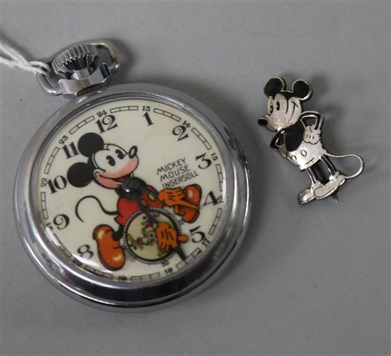 An Ingersoll Mickey Mouse pocket watch and badge.